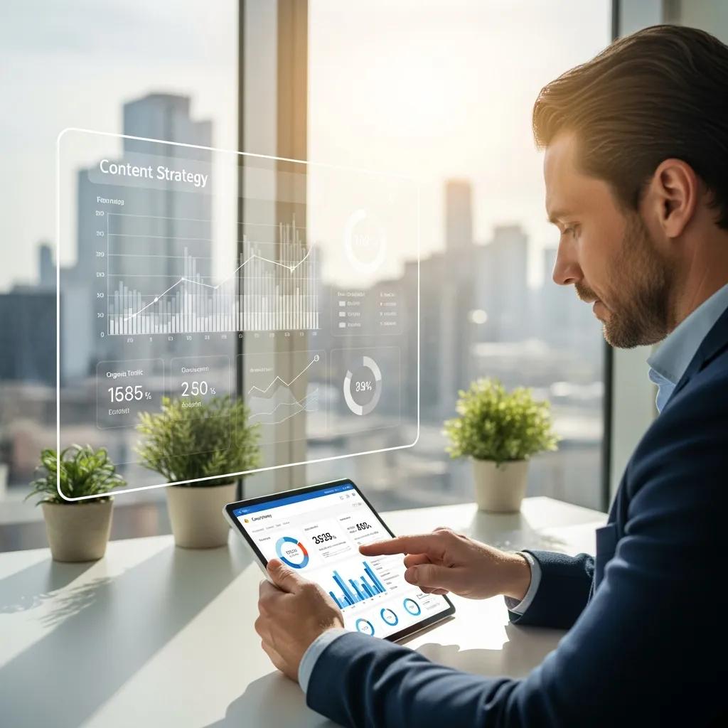 Business professional analyzing data to drive growth through content strategy